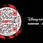 Red circular QR code badge on a dark background with Flowcode and Disney branding.