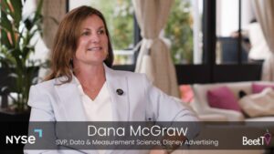 Interview still featuring Dana McGraw, SVP of Data & Measurement Science, Digiday Advertising, seated in a studio with plants and windows; logos for NYSE and BeetTV shown on screen.